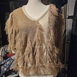 Fringed Shimmer V-Neck Women’s Top in Tan